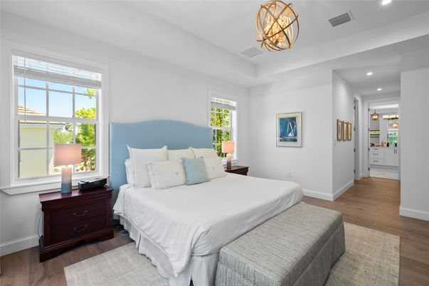 Bedroom, Interior, Pendant Lights, Recessed Lighting, Wood Texture Flooring