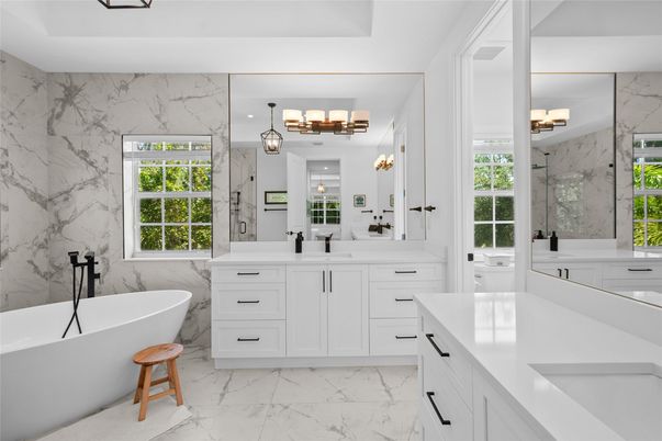 Bathroom, Dual Sink Vanities, Free Standing Baths, Interior, Marble, Marble Walls