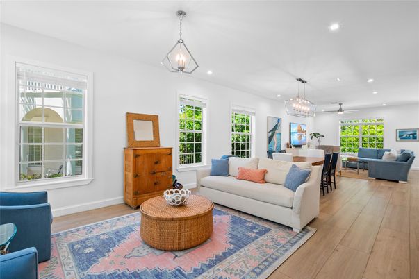 Dining room, Interior, Living room, Pendant Lights, Recessed Lighting, Wood Texture Flooring