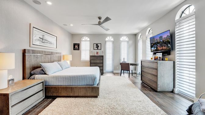 Bedroom, Interior, Recessed Lighting, Wood Texture Flooring