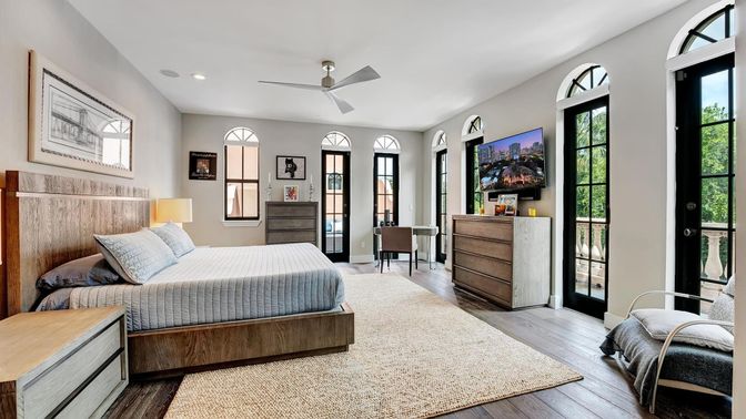 Bedroom, Interior, Recessed Lighting, Wood Texture Flooring