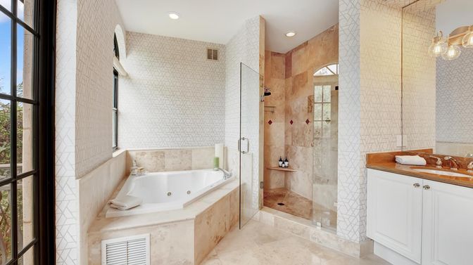 Bathroom, Glass Shower, Interior, Recessed Lighting