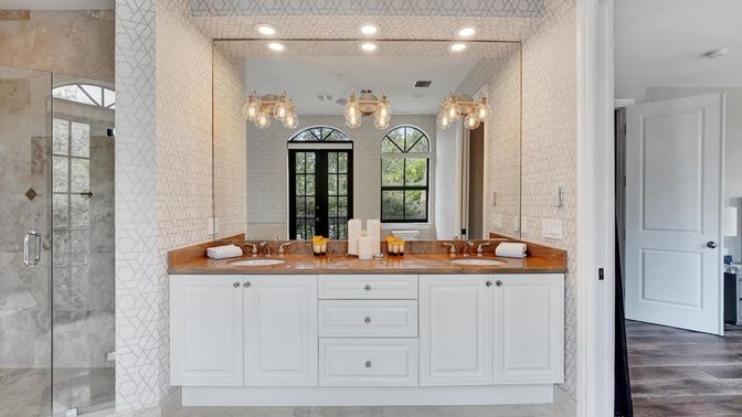Bathroom, Dual Sink Vanities, Glass Shower, Interior, Recessed Lighting