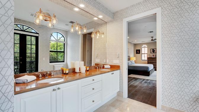 Bathroom, Bedroom, Dual Sink Vanities, Interior, Recessed Lighting, Wood Texture Flooring