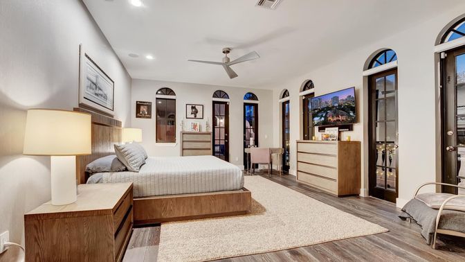 Bedroom, Interior, Recessed Lighting, Wood Texture Flooring