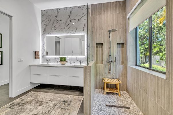 Bathroom, Dual Sink Vanities, Glass Shower, Interior, Marble Walls