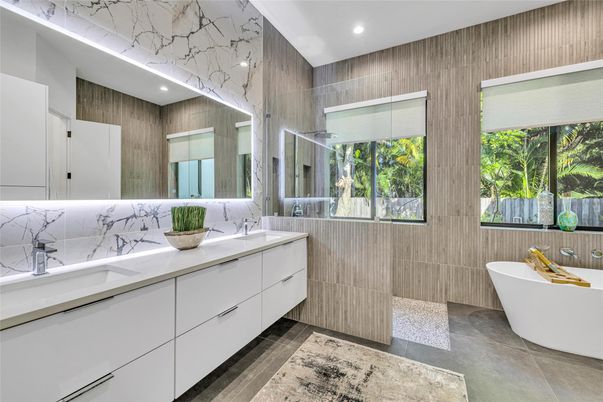 Bathroom, Dual Sink Vanities, Free Standing Baths, Interior, Marble Walls, Recessed Lighting, Wooden Walls