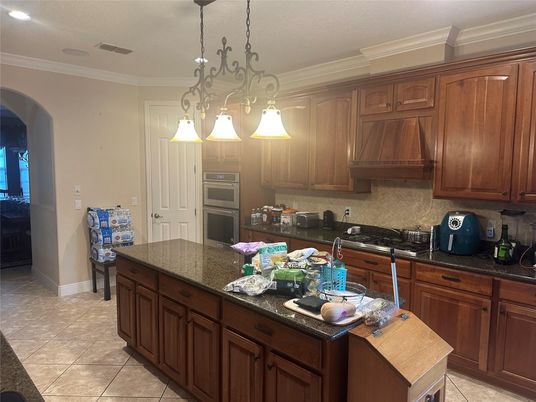 Chandelier, Interior, Kitchen, Pendant Lights, Recessed Lighting, Stainless Steel Appliances
