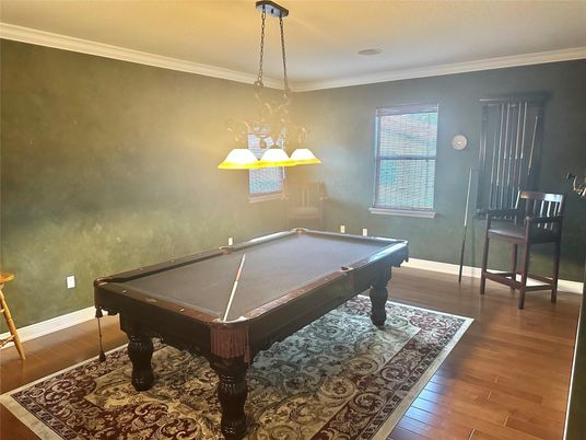 Billiard Table, Game Room, Interior, Pendant Lights, Wood Texture Flooring