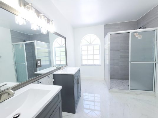 Bathroom, Dual Sink Vanities, Glass Shower, Interior, Marble