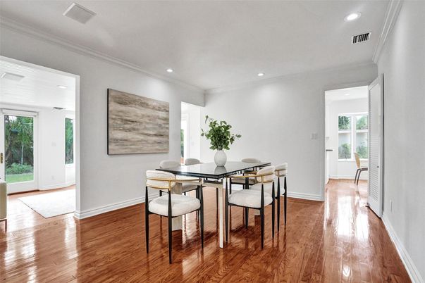 Dining room, Interior, Recessed Lighting, Wood Texture Flooring