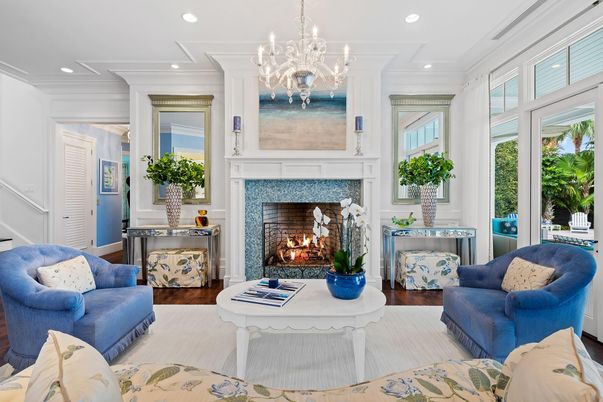 Chandelier, Fireplace, Interior, Living room, Recessed Lighting, Wood Texture Flooring