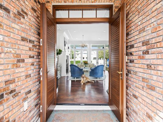 Chandelier, Dining room, Interior, Recessed Lighting, Stone Walls, Wood Texture Flooring