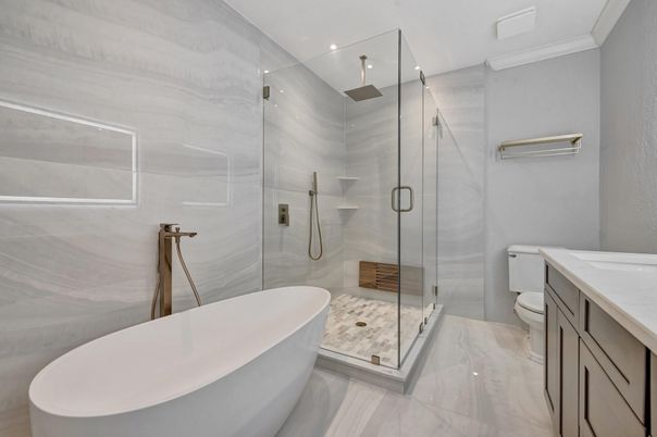 Bathroom, Free Standing Baths, Glass Shower, Interior, Marble, Marble Walls, Recessed Lighting
