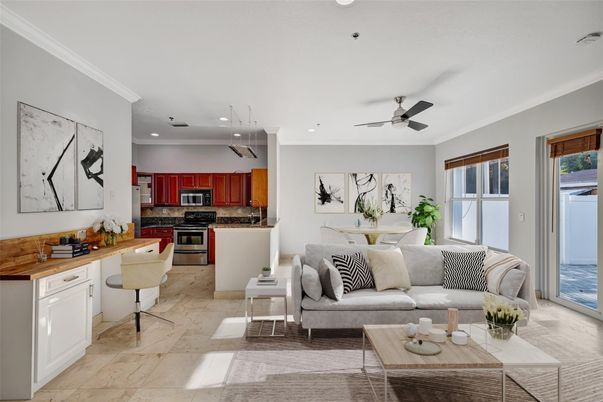 Dining room, Interior, Kitchen, Living room, Recessed Lighting, Stainless Steel Appliances