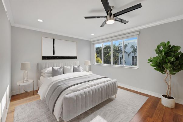 Bedroom, Interior, Recessed Lighting, Wood Texture Flooring