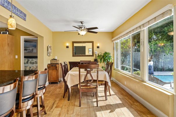Dining room, Interior, Pendant Lights, Wood Texture Flooring