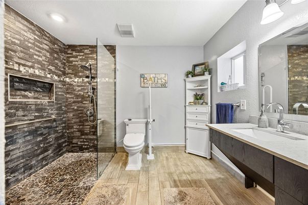 Bathroom, Glass Shower, Interior, Recessed Lighting, Wood Texture Flooring