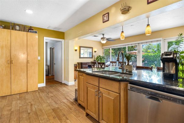 Interior, Kitchen, Pendant Lights, Recessed Lighting, Wood Texture Flooring