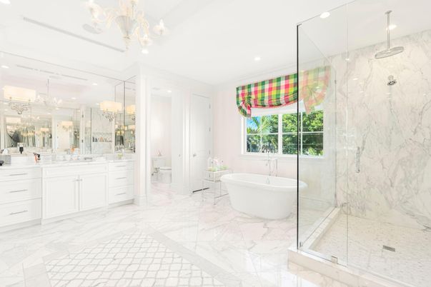 Bathroom, Dual Sink Vanities, Free Standing Baths, Glass Shower, Interior, Marble, Marble Walls, Recessed Lighting