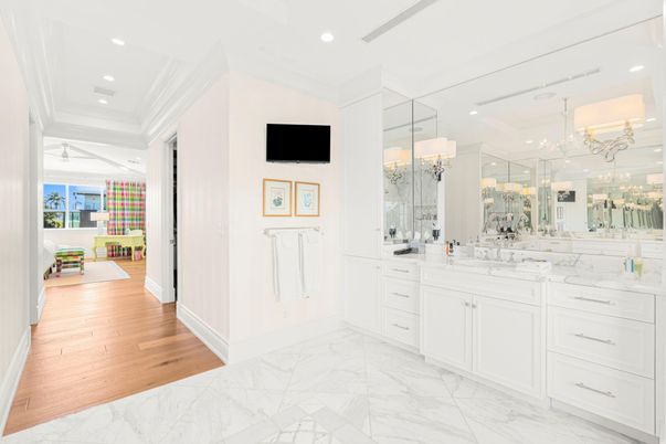 Bathroom, Dual Sink Vanities, Interior, Marble, Recessed Lighting, Wood Texture Flooring