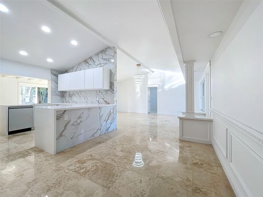 Interior, Kitchen, Marble Walls, Pendant Lights, Recessed Lighting