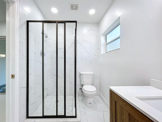 Bathroom, Glass Shower, Interior, Marble, Marble Walls, Recessed Lighting