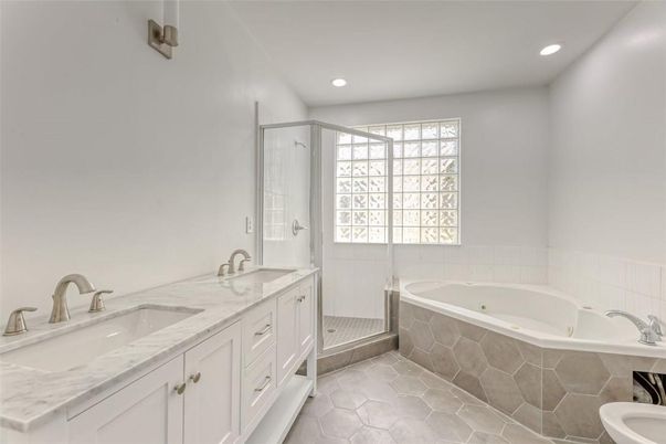 Bathroom, Dual Sink Vanities, Glass Shower, Interior, Recessed Lighting