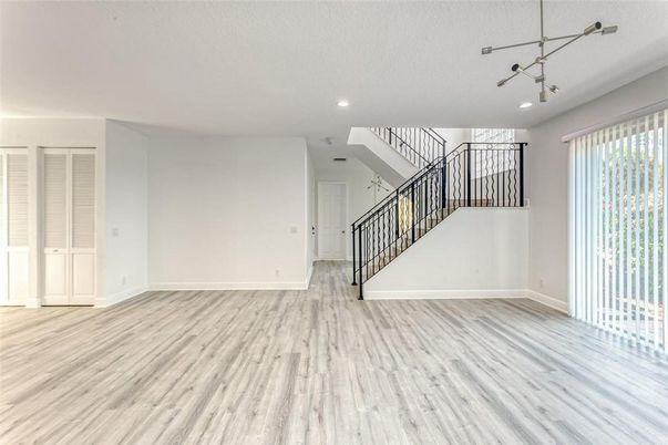 Empty room, Interior, Pendant Lights, Recessed Lighting, Wood Texture Flooring