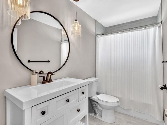 Bathroom, Interior, Pendant Lights, Wood Texture Flooring