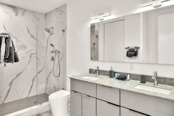 Bathroom, Dual Sink Vanities, Glass Shower, Interior, Marble Walls