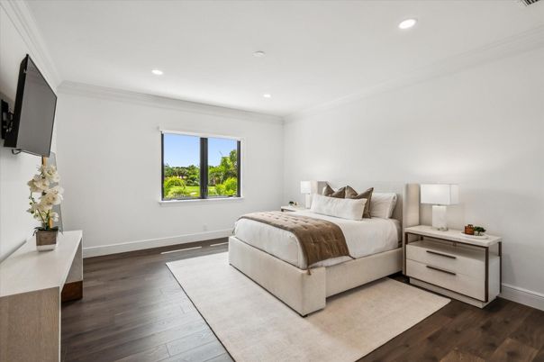 Bedroom, Interior, Recessed Lighting, Wood Texture Flooring