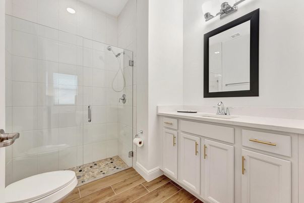 Bathroom, Glass Shower, Interior, Wood Texture Flooring