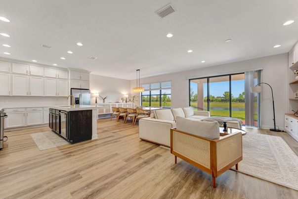 Dining room, Interior, Kitchen, Living room, Pendant Lights, Recessed Lighting, Wood Texture Flooring