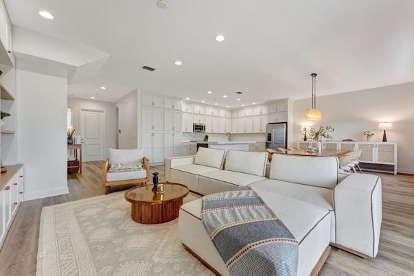 Interior, Kitchen, Living room, Pendant Lights, Recessed Lighting, Wood Texture Flooring