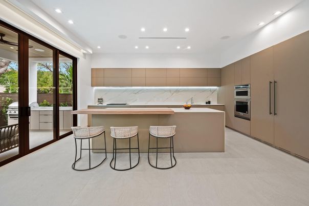 Interior, Kitchen, Marble Walls, Recessed Lighting, Stainless Steel Appliances