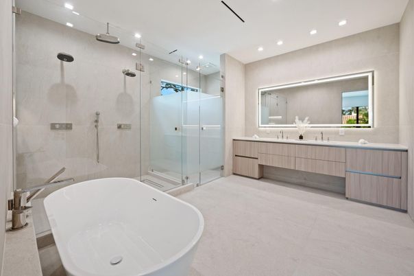 Bathroom, Dual Sink Vanities, Free Standing Baths, Glass Shower, Interior, Recessed Lighting
