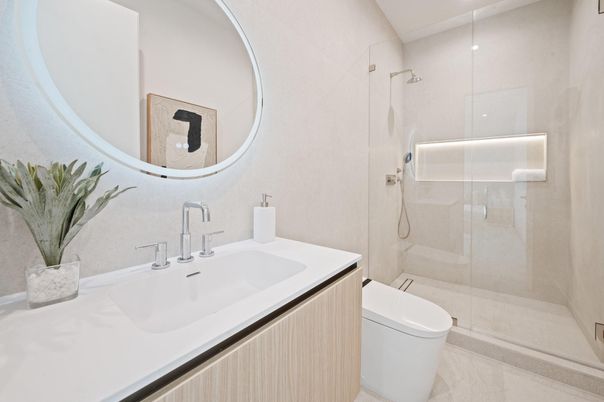 Bathroom, Glass Shower, Interior, Recessed Lighting