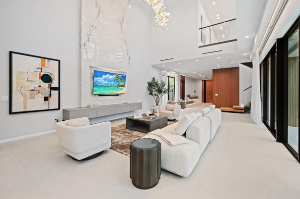 Interior, Living room, Marble Walls, Pendant Lights, Recessed Lighting