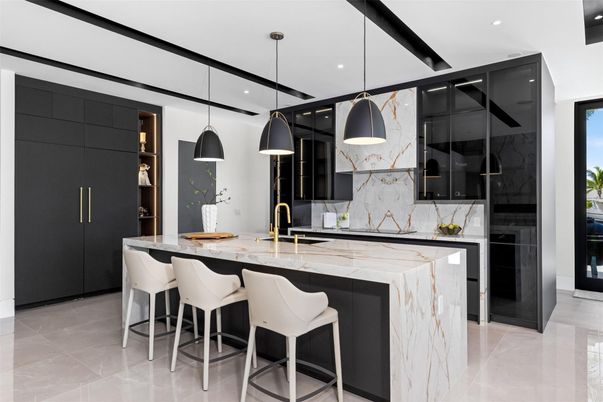 Interior, Kitchen, Marble Walls, Pendant Lights, Recessed Lighting