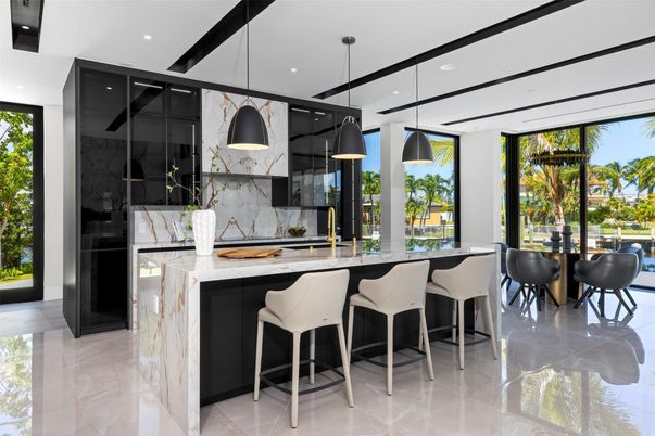 Interior, Kitchen, Marble Walls, Pendant Lights, Recessed Lighting