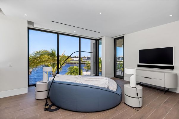 Bedroom, Interior, Recessed Lighting, Water, Wood Texture Flooring
