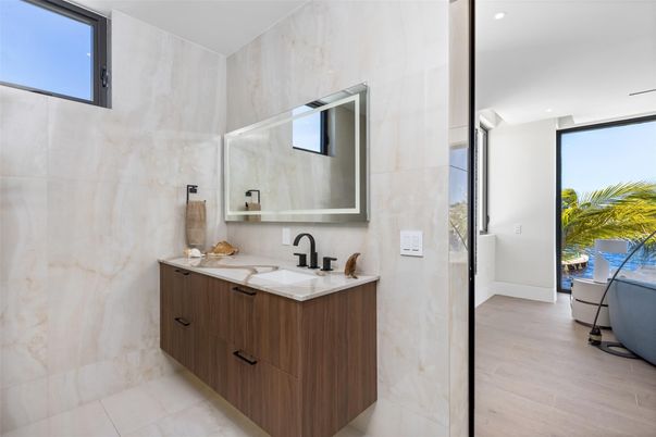 Bathroom, Dual Sink Vanities, Interior, Recessed Lighting, Wood Texture Flooring