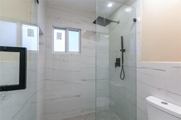 Bathroom, Glass Shower, Interior, Marble Walls, Recessed Lighting