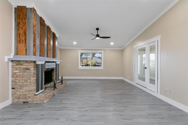 Empty room, Fireplace, Interior, Recessed Lighting, Wood Texture Flooring