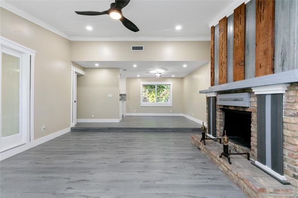Empty room, Fireplace, Interior, Recessed Lighting, Wood Texture Flooring