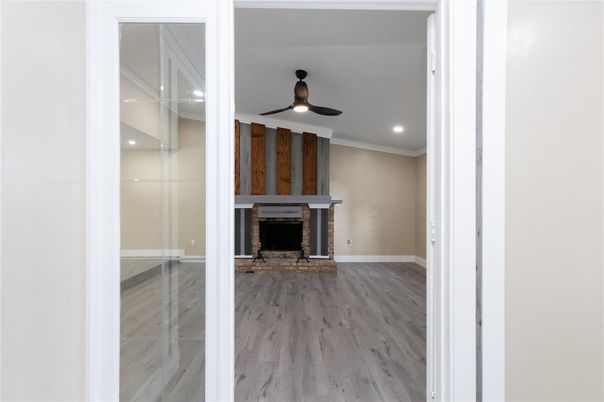 Empty room, Fireplace, Interior, Recessed Lighting, Wood Texture Flooring