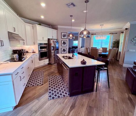 Dining room, Interior, Kitchen, Pendant Lights, Recessed Lighting, Wood Texture Flooring