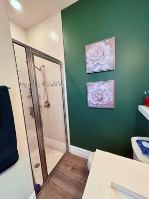 Bathroom, Glass Shower, Interior, Recessed Lighting, Wood Texture Flooring