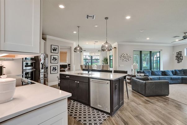 Interior, Kitchen, Living room, Pendant Lights, Recessed Lighting, Stainless Steel Appliances, Wood Texture Flooring